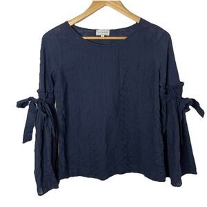 Lucky Brand Blue Floral Embroidered Top Long Bell Sleeve w/ Tie Sz Sm Boho Chic